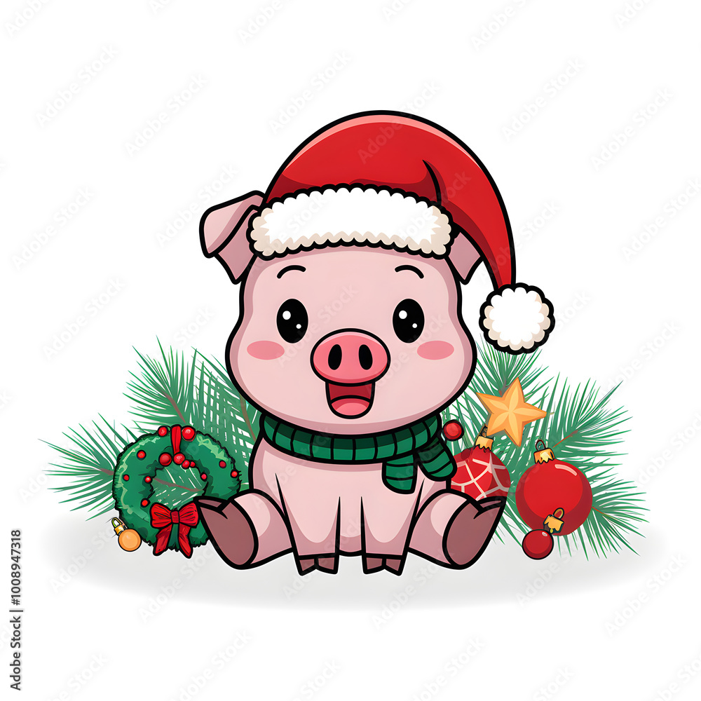 Christmas themed sticker design background White pig Christmas themed sticker design background White pig