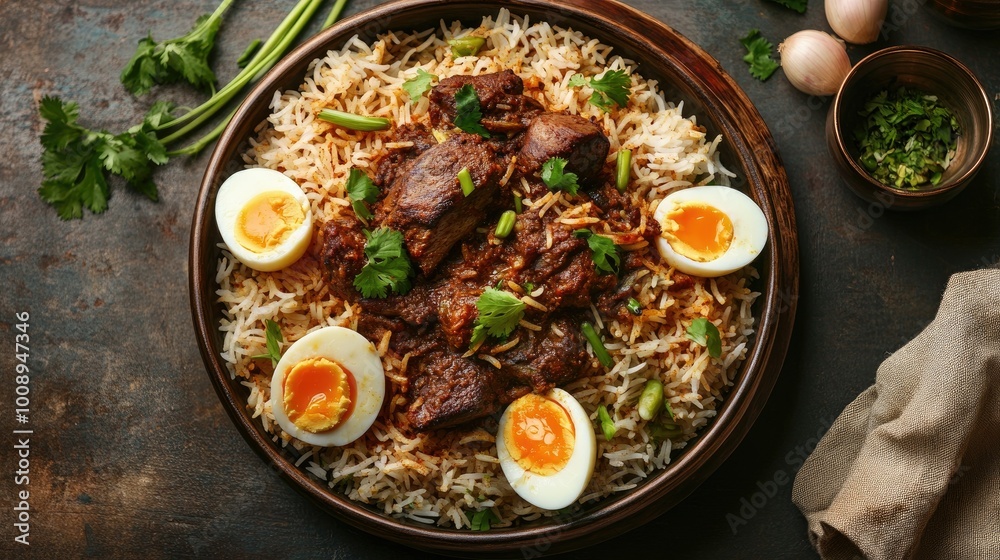 An overhead shot of a spicy Indian mutton biryani, with fragrant rice, tender meat, and a garnish of boiled eggs, An overhead shot of a spicy Indian mutton biryani, with fragrant rice, tender meat, and a garnish of boiled eggs,