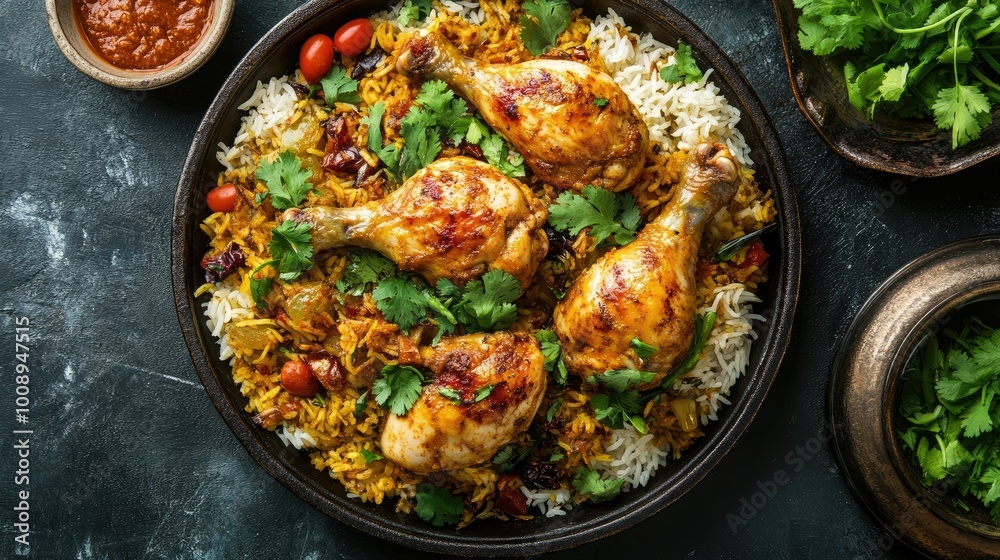 An overhead shot of a traditional Chicken Mandi, served with golden brown chicken on a bed of spiced rice, An overhead shot of a traditional Chicken Mandi, served with golden brown chicken on a bed of spiced rice,