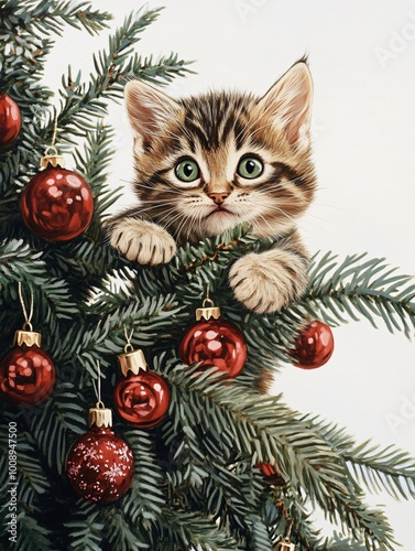 Sweet tabby kitten peeks out from behind a christmas tree adorned with red ornaments