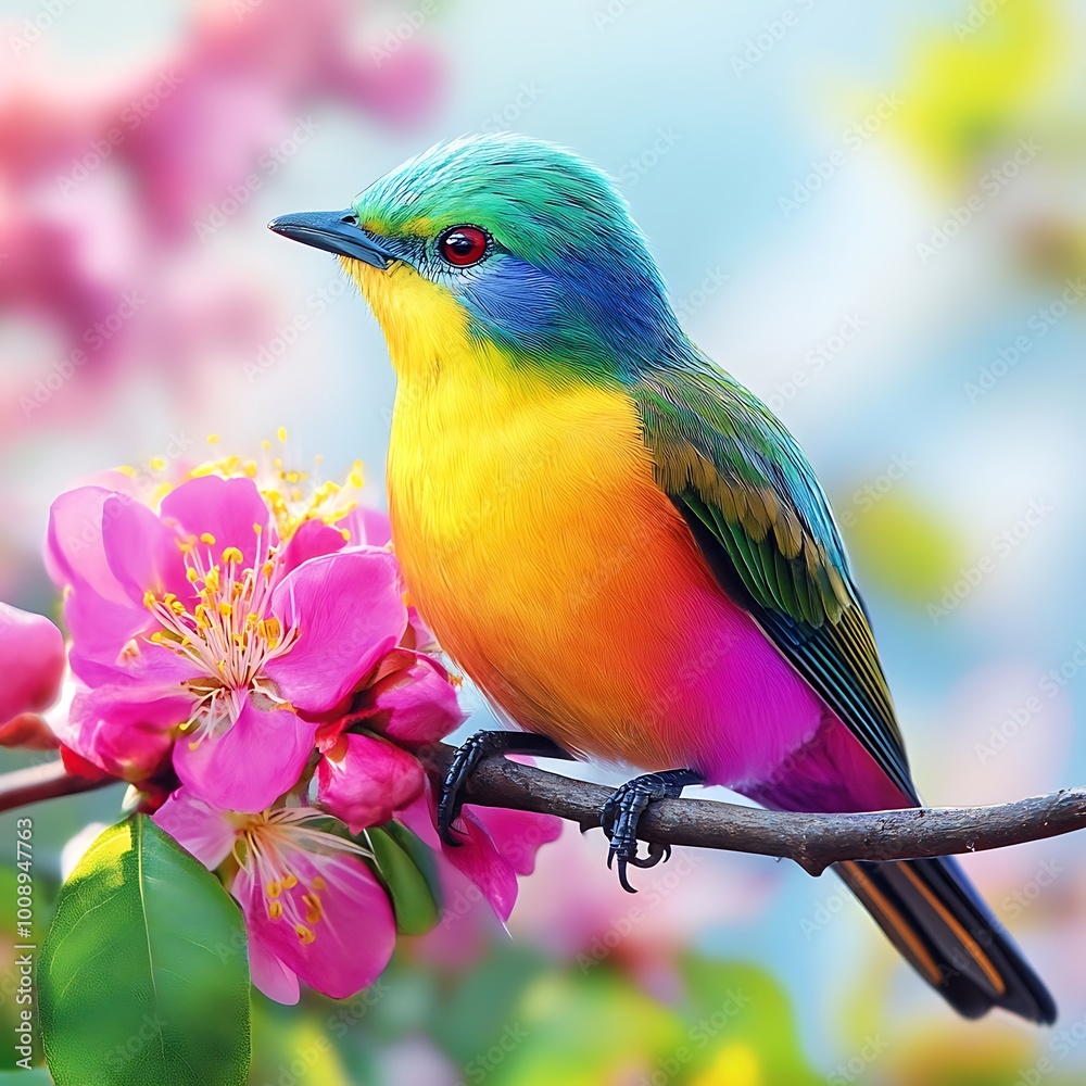 Bird surrounded by flowers and lush nature landscape image Bird surrounded by flowers and lush nature landscape image