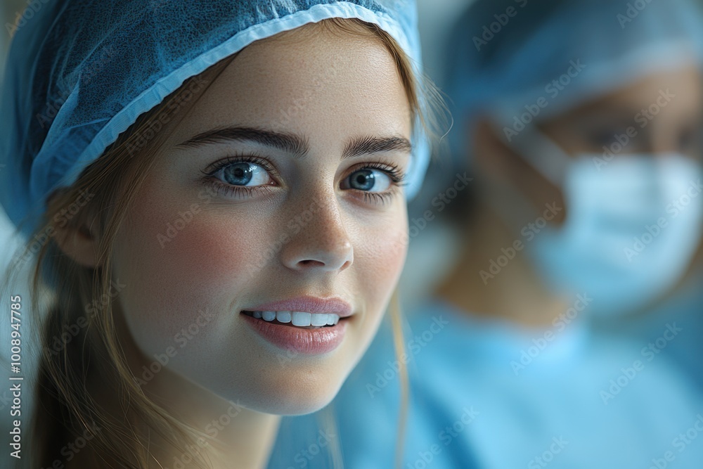Smiling young surgeon in hospital wearing scrubs and surgical cap Smiling young surgeon in hospital wearing scrubs and surgical cap