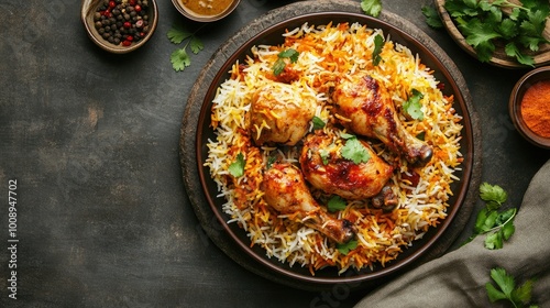 An overhead view of a Chicken Biryani dish served in a traditional plate, with a soft-focus background