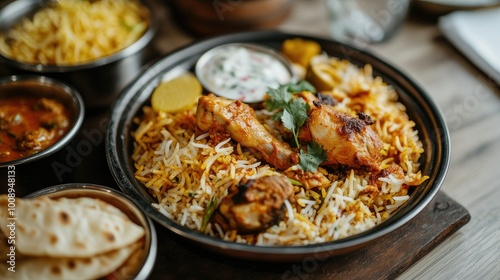 Beautifully presented spicy Hyderabadi chicken biryani with tender chicken and saffron rice, shot with side dishes of raita,