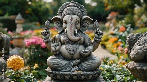 Ganesha Statue in a Lush Garden