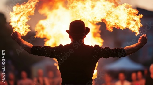 A fire performer holds flaming torches in both hands during a dramatic fire show, captivating the crowd at an outdoor night event..