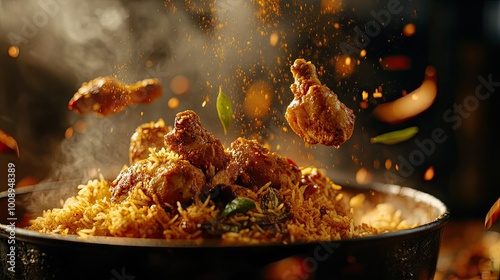 Chicken biryani in motion: flying rice, chicken, and spices coming together mid-air, celebrating the bold flavors