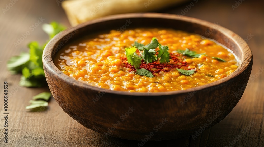Close-up of a hearty red lentil dal in a rustic bowl, beautifully arranged on a wooden table, with a blurred background providing generous space Close-up of a hearty red lentil dal in a rustic bowl, beautifully arranged on a wooden table, with a blurred background providing generous space