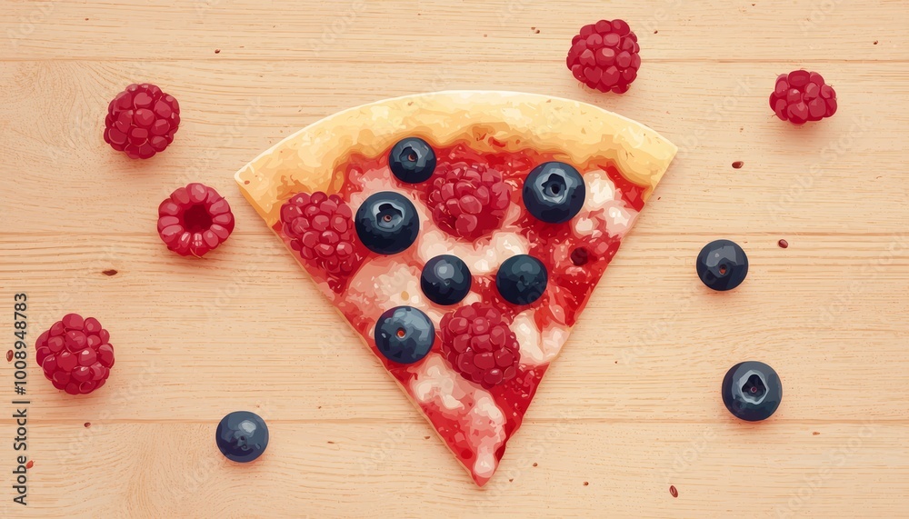 Vector design of a pizza slice with mixed berries--blueberries, raspberries--on a rustic wooden floor background. Vector design of a pizza slice with mixed berries--blueberries, raspberries--on a rustic wooden floor background.
