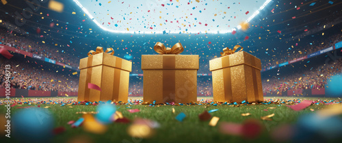 Golden Gift Boxes on a Football Field. Celebratory confetti on a grand stadium - Celebrating Victory or Achievement.