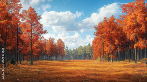 Elegant Panoramic View of an Autumn Forest Showcasing Vibrant Red Oak Trees