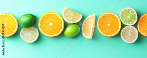 Vector design of thinly sliced oranges, lemons, and limes arranged in rows on a soft pastel mint background.