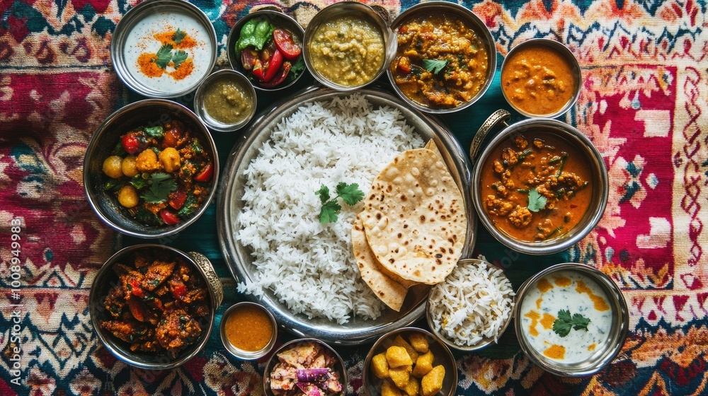 Flat lay of a sumptuous thali meal, including rice, various curries, and sweet treats, arranged on a colorful tablecloth, Flat lay of a sumptuous thali meal, including rice, various curries, and sweet treats, arranged on a colorful tablecloth,