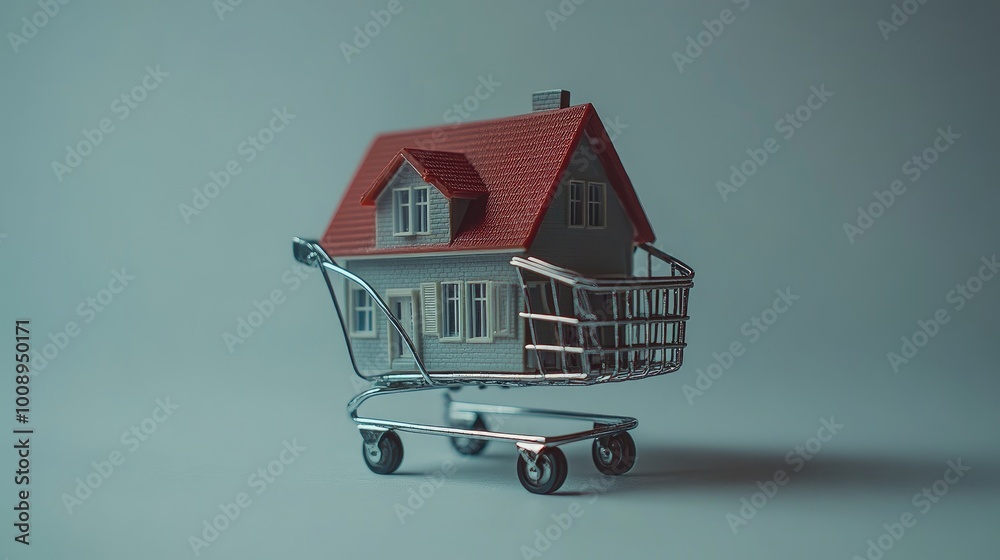 A small cart holding a house model, symbolizing real estate market shopping and financial debt, no people visible. A small cart holding a house model, symbolizing real estate market shopping and financial debt, no people visible.