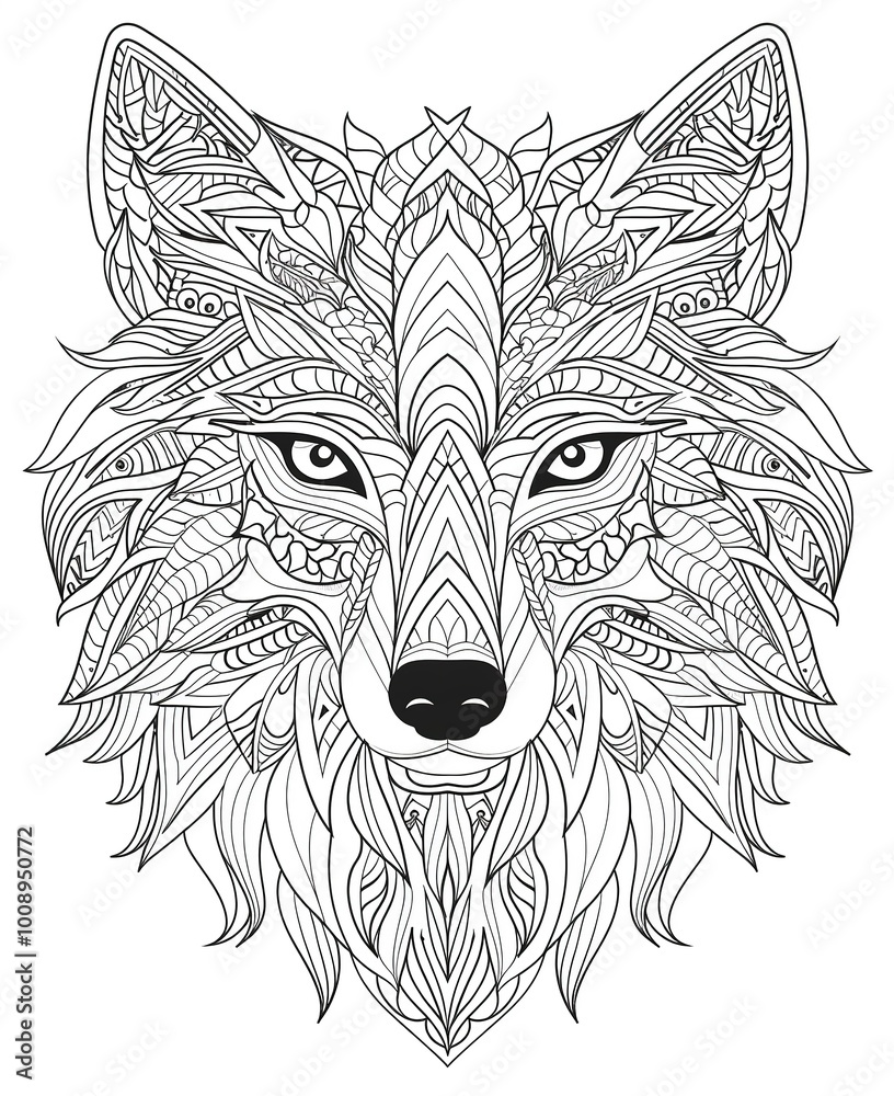 Fototapeta premium Intricate wolf face illustration with complex patterns and geometric designs in a black and white coloring page