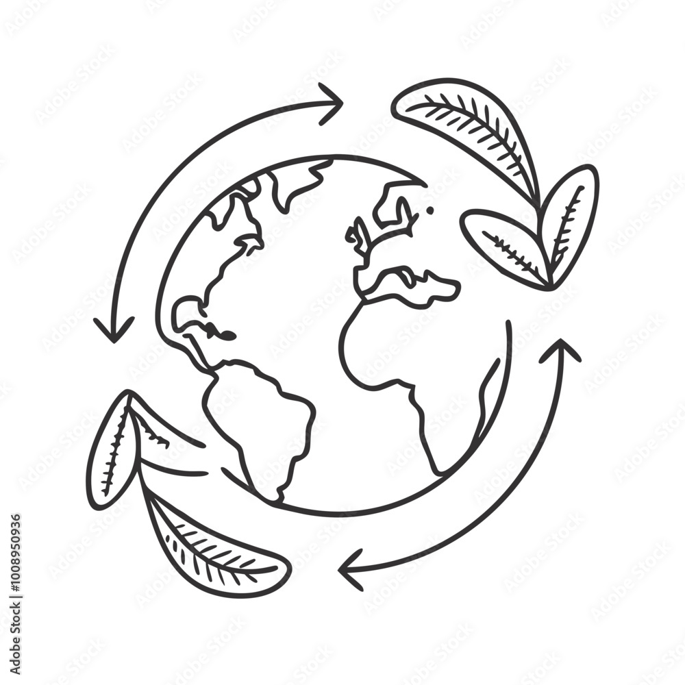 Earth illustration with arrows and leaves symbolizing eco-friendliness and sustainability Earth illustration with arrows and leaves symbolizing eco-friendliness and sustainability