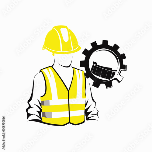 Faceless construction worker in high-visibility vest and helmet with gear icon representing industrial safety