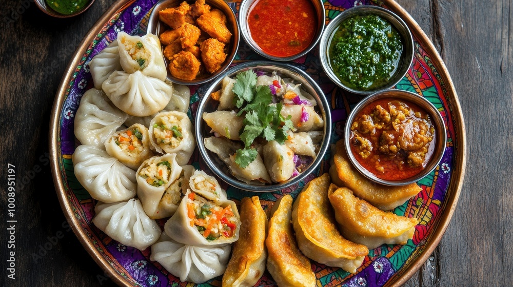 Overhead shot of a colorful platter filled with assorted momos, including vegetarian and chicken options, Overhead shot of a colorful platter filled with assorted momos, including vegetarian and chicken options,