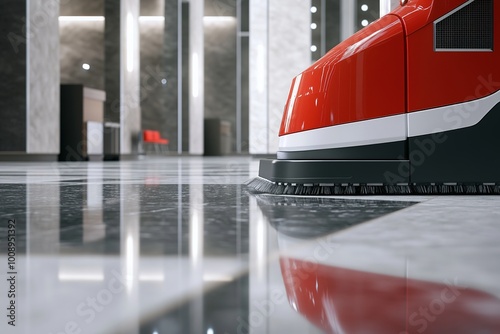 Red Floor cleaning machine polishing a marble surface in a modern building photo