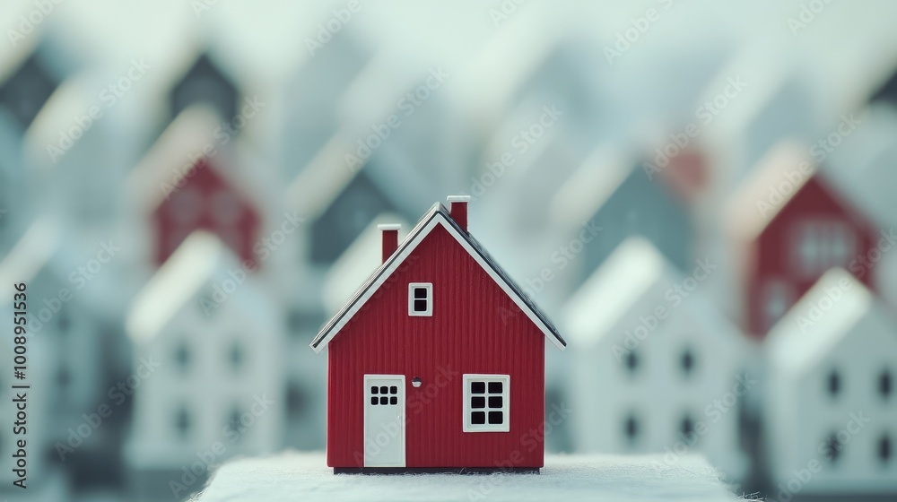 Close-up of a red house with many white houses in the background, symbolizing real estate market competition and investment, no people. Close-up of a red house with many white houses in the background, symbolizing real estate market competition and investment, no people.