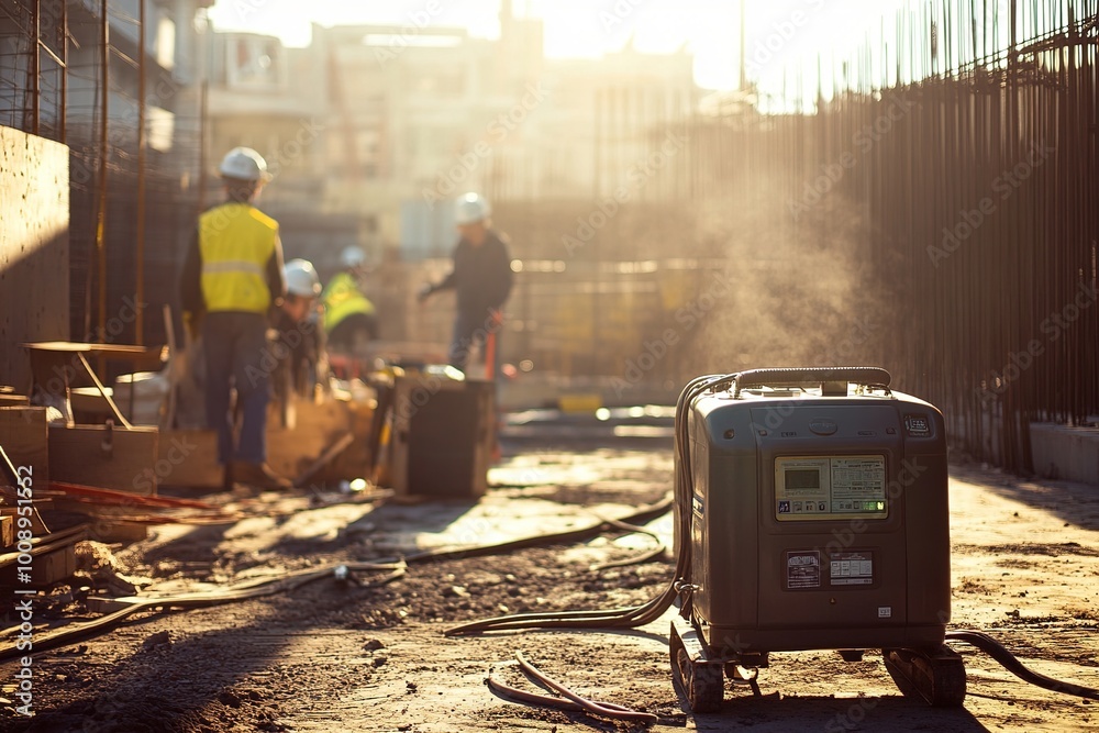 Portable generator on a construction site at sunset with workers in the background