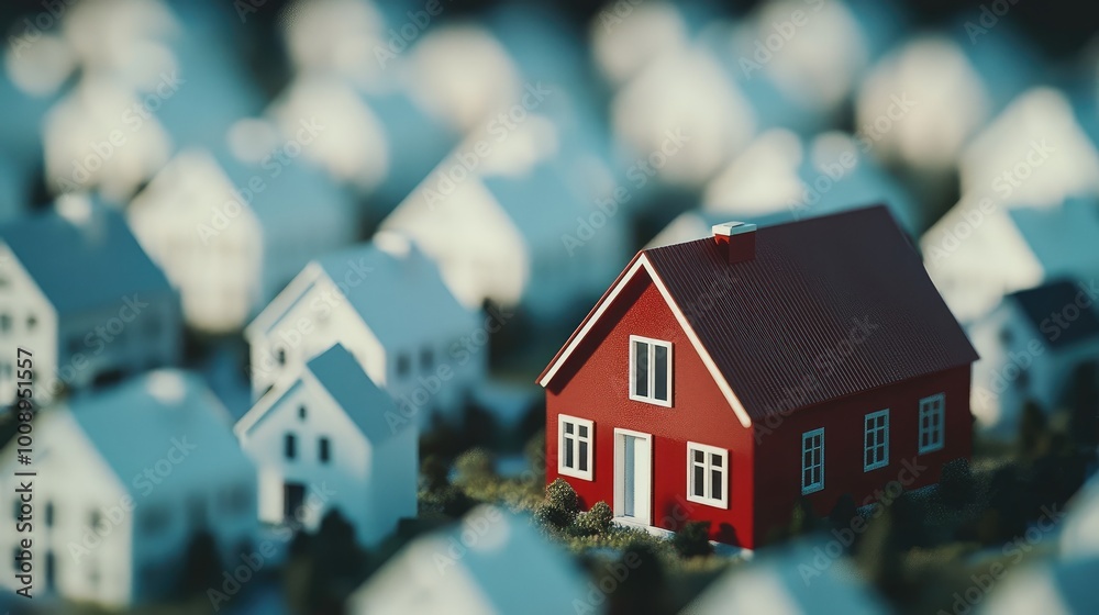 Close-up of a red house with many white houses in the background, symbolizing real estate market competition and investment, no people. Close-up of a red house with many white houses in the background, symbolizing real estate market competition and investment, no people.