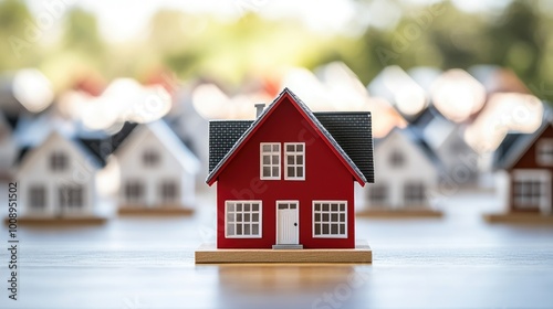 Close-up of a red house model, with rows of white house models in the background, representing property investment, no people.