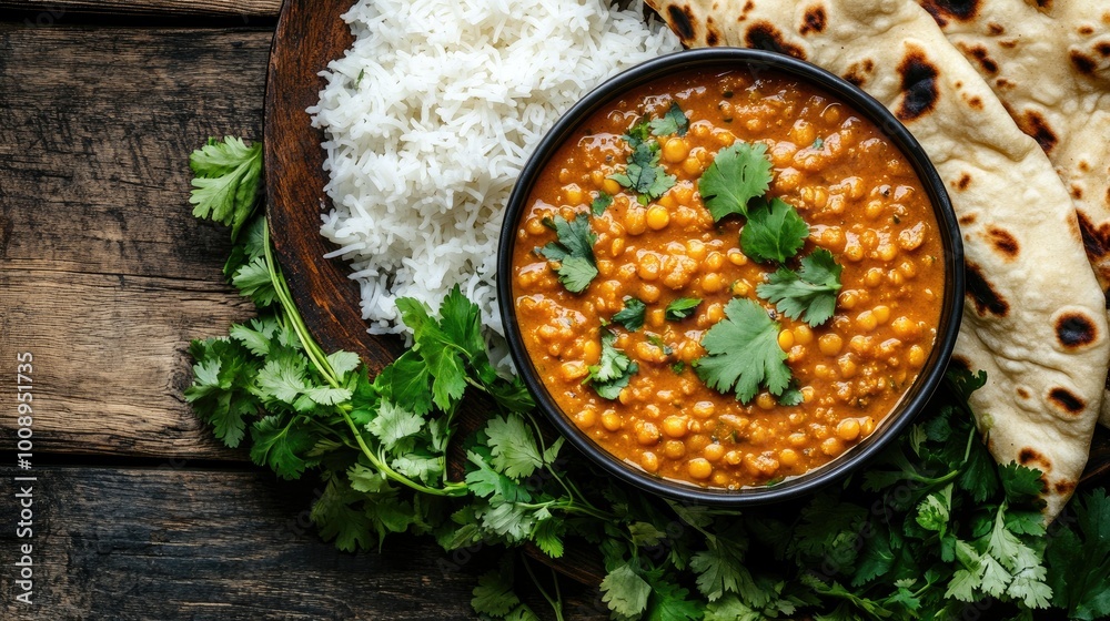 Overhead shot of a steaming bowl of red lentil dal, served with a side of rice and naan, beautifully arranged on a rustic wooden table with fresh herbs. Overhead shot of a steaming bowl of red lentil dal, served with a side of rice and naan, beautifully arranged on a rustic wooden table with fresh herbs.