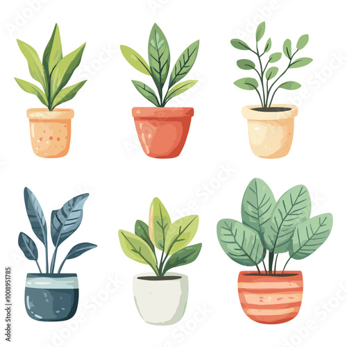 Set of Potted Houseplants - Decorative Botanical Vector Illustrations