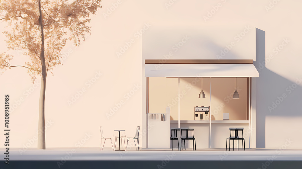 3D illustration of a modern minimalist coffee shop landscape. Architectural design perspective, construction of a fantasy building. 3D illustration of a modern minimalist coffee shop landscape. Architectural design perspective, construction of a fantasy building.