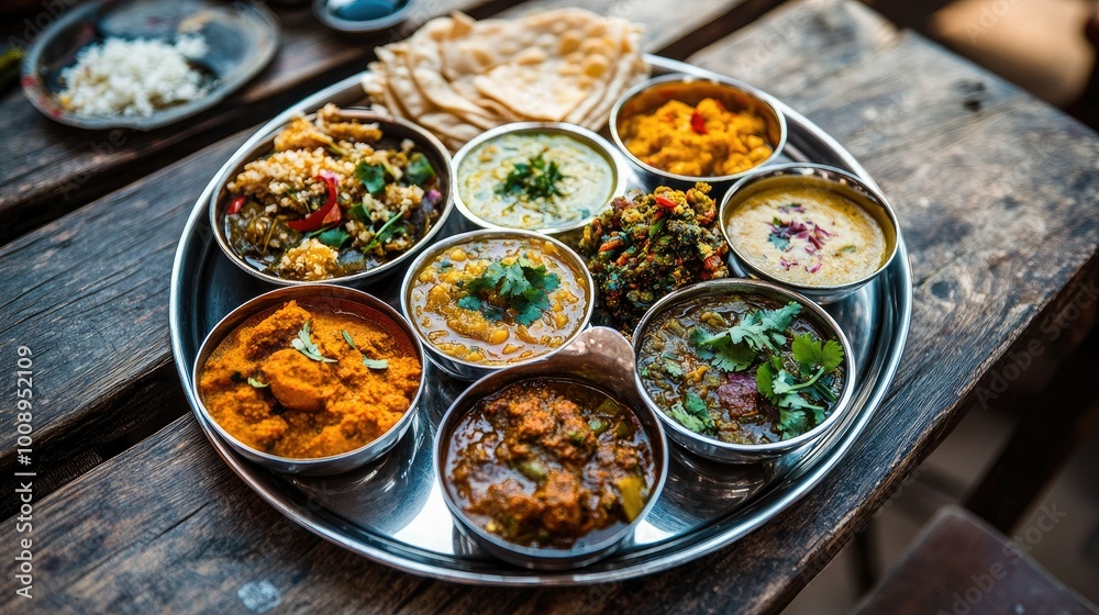 Overhead shot of a vibrant thali filled with a variety of Indian delicacies, garnished with fresh herbs, served on a rustic wooden table for a warm 7 Overhead shot of a vibrant thali filled with a variety of Indian delicacies, garnished with fresh herbs, served on a rustic wooden table for a warm 7