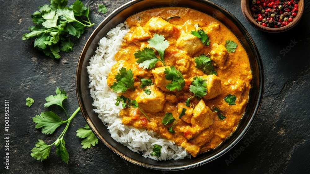 Overhead view of a generous serving of chicken korma, beautifully garnished and served with rice and fresh herbs, Overhead view of a generous serving of chicken korma, beautifully garnished and served with rice and fresh herbs,