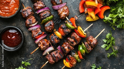 Wallpaper Mural Overhead shot of juicy grilled kebabs on skewers, arranged artistically with colorful bell peppers and onions, Torontodigital.ca