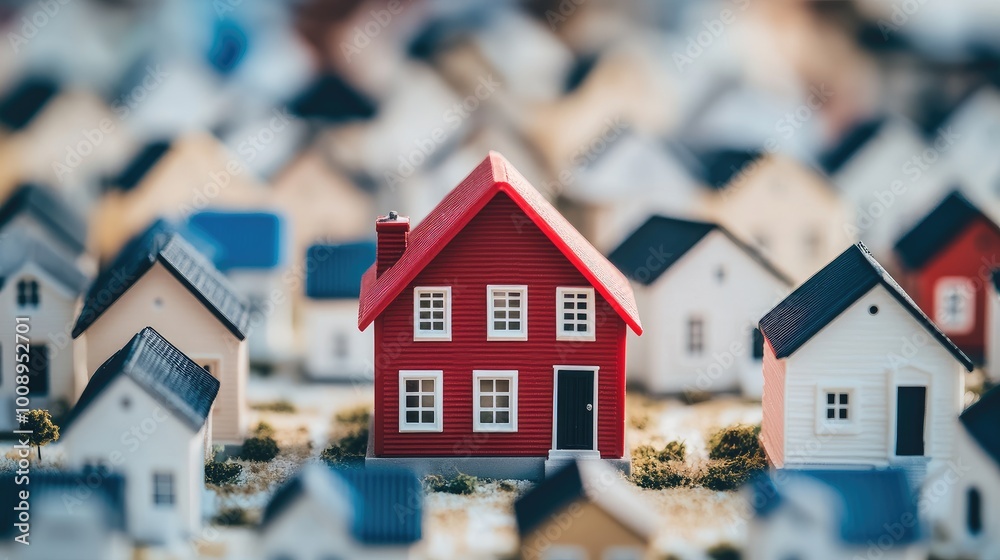 Focus on a red house model, background filled with white houses, symbolizing real estate business potential, no people. Focus on a red house model, background filled with white houses, symbolizing real estate business potential, no people.
