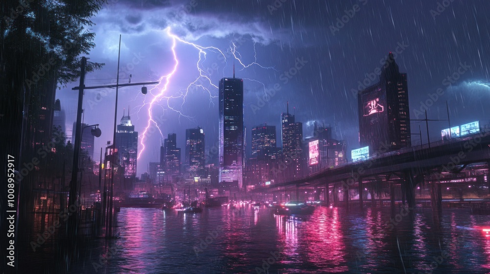 A Cityscape Under a Thunderstorm with Pink Neon Lights Reflecting in the Water A Cityscape Under a Thunderstorm with Pink Neon Lights Reflecting in the Water