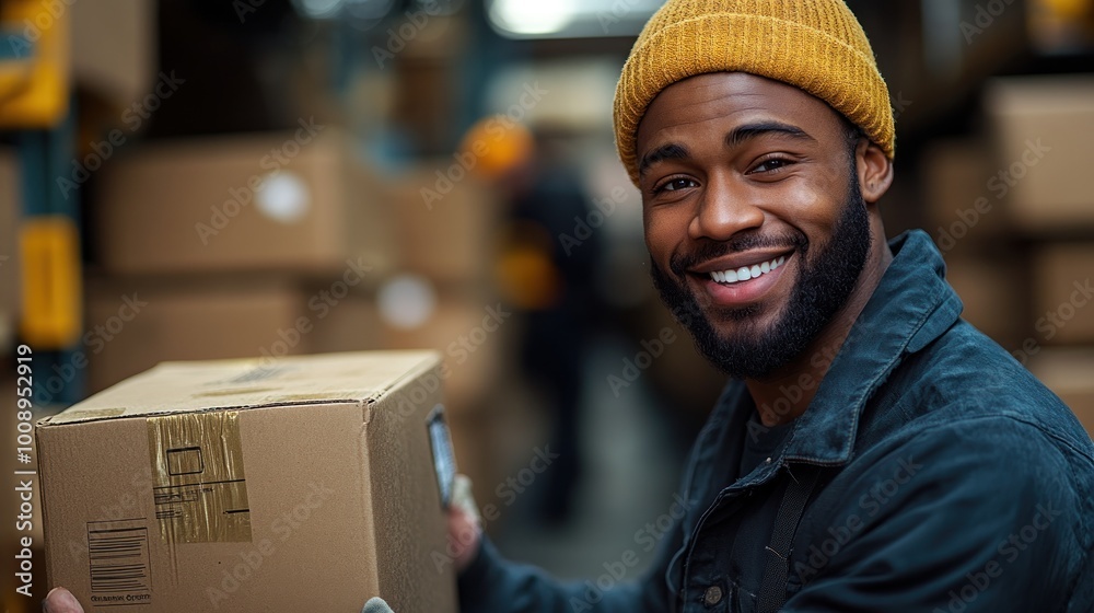 Smiling worker holding a package in a warehouse setting. Smiling worker holding a package in a warehouse setting.