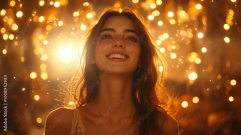 Woman smiling with joy and looking up at bokeh lights Woman smiling with joy and looking up at bokeh lights