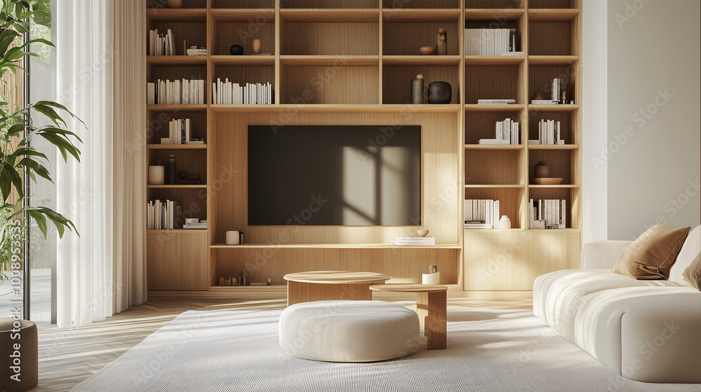 Minimalist living space with custom built-in shelves and modern, uncluttered furniture, focusing on simple decor and a clean, airy atmosphere Minimalist living space with custom built-in shelves and modern, uncluttered furniture, focusing on simple decor and a clean, airy atmosphere