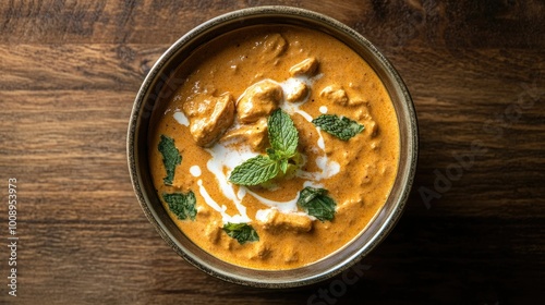 Top view of a bowl of chicken korma with a swirl of cream and garnished with mint leaves, placed on a textured table,