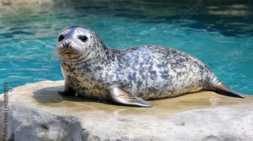 A seal resting on a rock by the water, showcasing its spotted fur and calm demeanor.