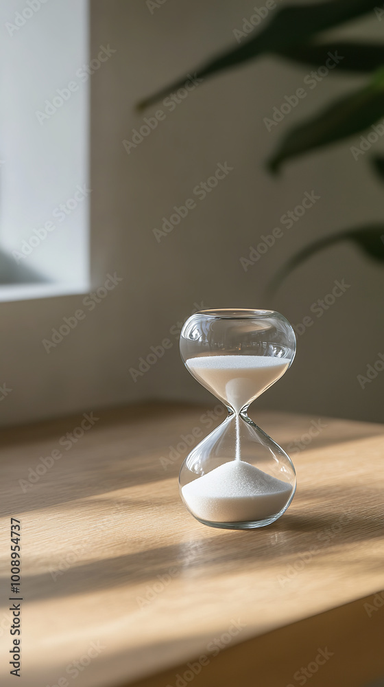 Minimalist Modern Sand Timer on Wooden Desk with White Sand Minimalist Modern Sand Timer on Wooden Desk with White Sand