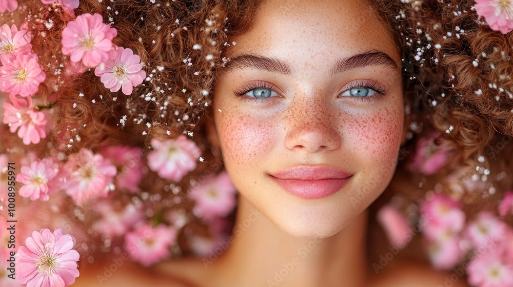 Woman with Flowers in Hair, Springtime Beauty Woman with Flowers in Hair, Springtime Beauty