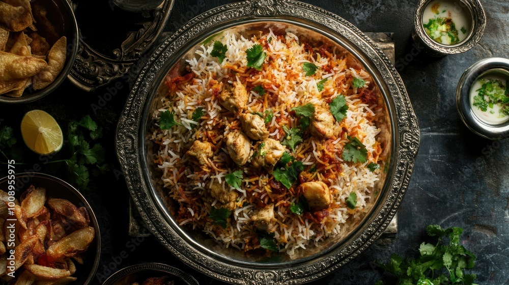 Top view of a vibrant Chicken Biryani spread with all the traditional garnishes, including coriander and fried onions, Top view of a vibrant Chicken Biryani spread with all the traditional garnishes, including coriander and fried onions,