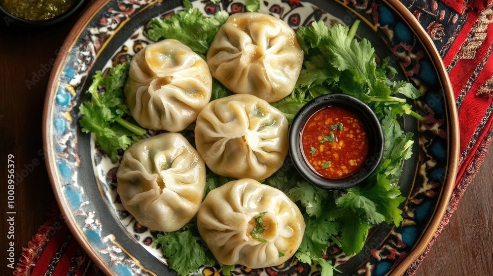 Top view of steaming hot momos on a decorative plate, surrounded by fresh greens and dipping sauces, Top view of steaming hot momos on a decorative plate, surrounded by fresh greens and dipping sauces,