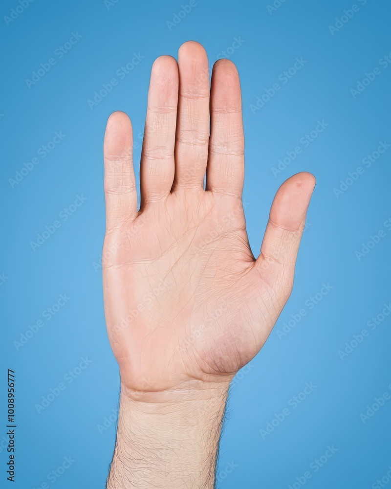 Close-up of a human hand raised against a blue background, symbolizing communication and greeting. Close-up of a human hand raised against a blue background, symbolizing communication and greeting.