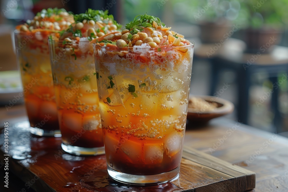 Vietnam: Che Ba Mau A glass filled with layers of colorful jellies, beans, coconut milk, and crushed ice, topped with a drizzle of coconut cream. Vietnam: Che Ba Mau A glass filled with layers of colorful jellies, beans, coconut milk, and crushed ice, topped with a drizzle of coconut cream.