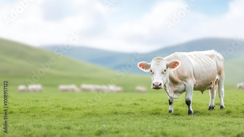 A herd of cows grazing in a large, green meadow, surrounded by hills, showcasing animalfriendly livestock farming photo