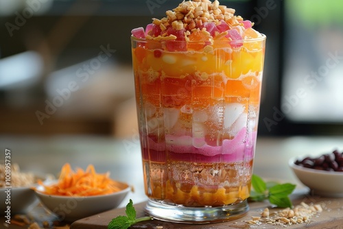 Vietnam: Che Ba Mau A glass filled with layers of colorful jellies, beans, coconut milk, and crushed ice, topped with a drizzle of coconut cream. photo