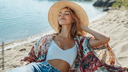 A lovely woman, dressed elegantly for summer, unwinds on a beautiful beach and relishes her independence. She accessorizes with a straw hat and sports a colorful printed tunic, denim trousers, and a w photo