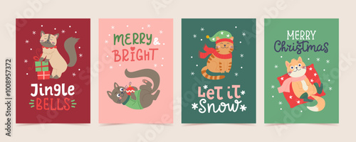 Christmas cards set. Cute funny cats characters with hand drawn lettering. Vector illustration design templates